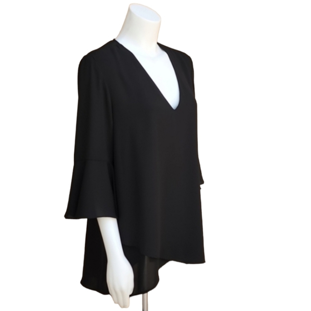 KAREN KANE Black Chiffon Blouse M Crossover Hem Ruffle Bell Sleeve Top - Picture 6 of 16